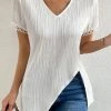Women Plain Texture V-Neck Irregular Hem Hollow Sleeve T-Shirt