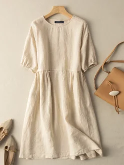 Women Solid Short Sleeve Crew Neck Casual Dress