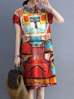 Flower Abstract Painted Print Button Pocket Lapel Midi Dress -Zanzea Shop ce127de9 7762 4093 8b86 c389875f3a22