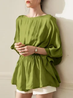 Elastic Waist Solid 3/4 Sleeve Crew Neck Loose Blouse -Zanzea Shop ce1eba14 4d66 498c a38a 3775261e4dfb