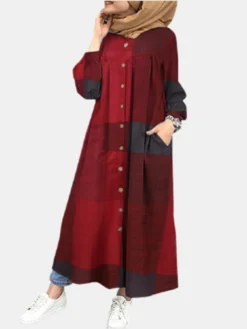 Plaid Print Long Sleeve Plus Size Button Dress With Pocket For Women