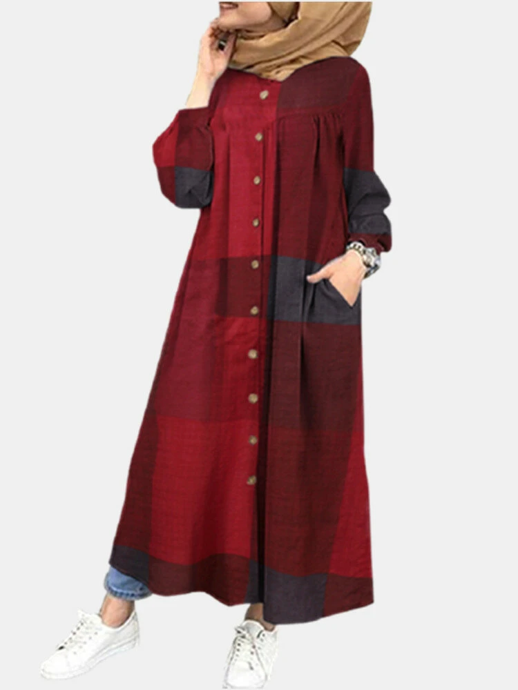 Plaid Print Long Sleeve Plus Size Button Dress With Pocket For Women 1 Plaid Print Long Sleeve Plus Size Button Dress With Pocket For Women