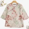 Women Plant Print Contrast Piped V-Neck 3/4 Sleeve Blouse