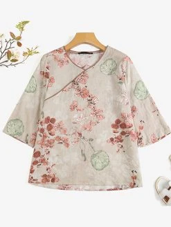 Women Plant Print Contrast Piped V-Neck 3/4 Sleeve Blouse