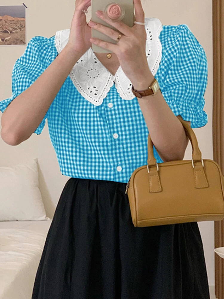 Check Contrast Collar Puff Sleeve Button Front Blouse 2 Check Contrast Collar Puff Sleeve Button Front Blouse - Image 2