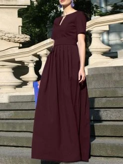 Solid Pleated Notch Neck Short Sleeve Maxi Dress With Belt -Zanzea Shop ce4bdc54 2967 44ff 8b64 15bef4a9b201