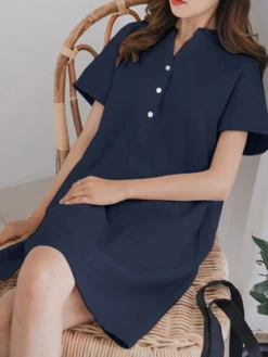 Solid Short Sleeve Button Front Half Placket Dress -Zanzea Shop ce650cef 01d5 43eb ae54 a9a5521c63d8