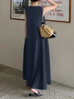 Solid Sleeveless Pocket Swing Crew Neck Cotton Maxi Dress -Zanzea Shop ce651878 aee7 43a4 bdbe e0b8f5477eff