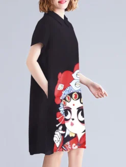 Peking Opera Pattern Pocket Short Sleeve Midi Dress -Zanzea Shop ce6b1e22 7df1 4b9d b4ff 58cec7d3867d