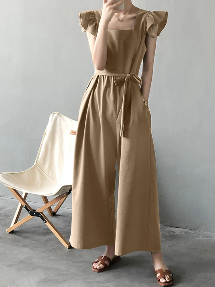 Solid Ruffle Sleeve Pocket Square Collar Wide Leg Jumpsuit 10 Solid Ruffle Sleeve Pocket Square Collar Wide Leg Jumpsuit - Image 10