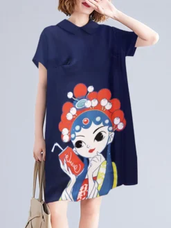 Peking Opera Pattern Pocket Short Sleeve Midi Dress