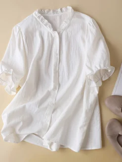Lace Trim Solid Button Front V-neck Short Sleeve Blouse