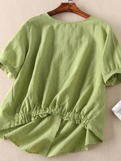 Cotton Button Elastic Round Neck Short Sleeve Blouse -Zanzea Shop cf2e4142 416f 4ea7 8ef1 66e95874bcc5