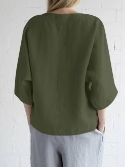 Women Solid Pleated Crew Neck Cotton 3/4 Sleeve Blouse -Zanzea Shop cf42fbd0 0316 45c2 8ba5 fb8846b77ecd