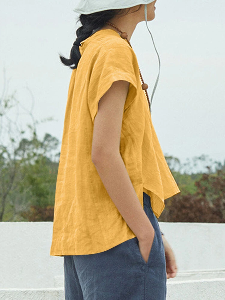 Solid High-low V-neck Short Sleeve Slit Casual Blouse 5 Solid High-low V-neck Short Sleeve Slit Casual Blouse - Image 5