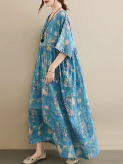 Allover Floral Print Crew Neck Loose Vintage Dress -Zanzea Shop cf7d5dcf 9e2d 44a5 b997 911dacf211bf