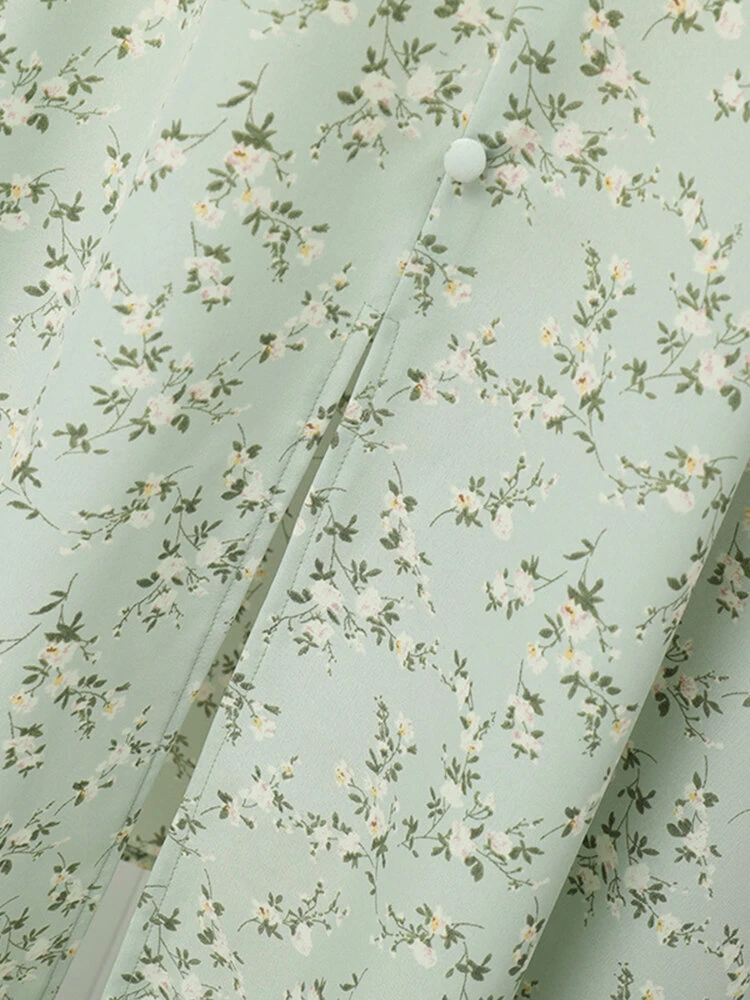 Women Ditsy Floral Print V-Neck Split Hem Puff Sleeve Dress 9 Women Ditsy Floral Print V-Neck Split Hem Puff Sleeve Dress - Image 9