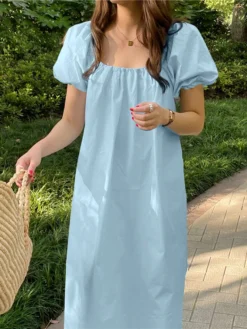 Solid Puff Sleeve Pocket Square Collar Midi Dress -Zanzea Shop cfd6dd0e a581 4130 90d0 91a6360fc968