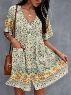 Bohemian Floral Print Pocket Button V-neck Short Sleeve Dress -Zanzea Shop cfdc803f 8ae8 4b94 80b0 e3919ed583db