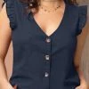 Women Solid V-Neck Button Front Ruffle Sleeveless Blouse