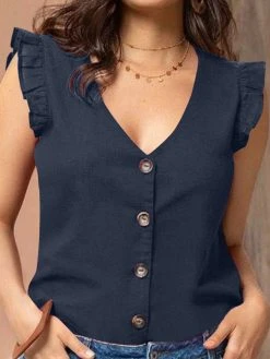 Women Solid V-Neck Button Front Ruffle Sleeveless Blouse