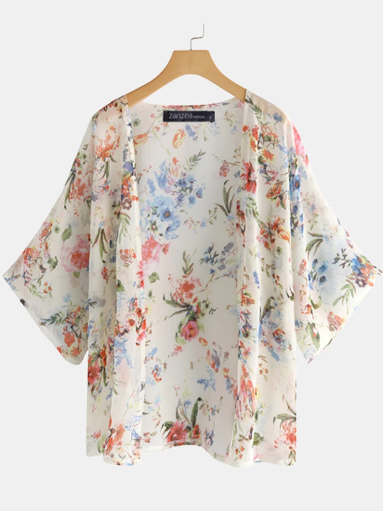 Floral Print Casual 3/4 Sleeve Plus Size Kimono 1 Floral Print Casual 3/4 Sleeve Plus Size Kimono
