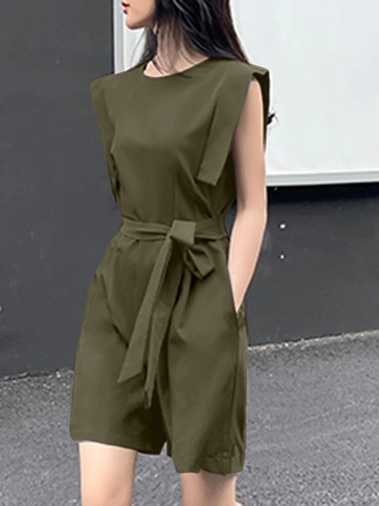 Solid Pocket Sleeveless Crew Neck Romper With Belt 9 Solid Pocket Sleeveless Crew Neck Romper With Belt - Image 9