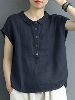 Solid Cotton Button Front Pocket Lapel Short Sleeve Blouse -Zanzea Shop d07c2ac6 8f43 4056 8c5a add5fbc9f0c0