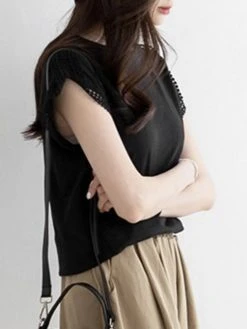 Solid Lace Trim Stitch Crew Neck Short Sleeve T-shirt -Zanzea Shop d0851b13 952b 45c5 a12a 86382d7afed7