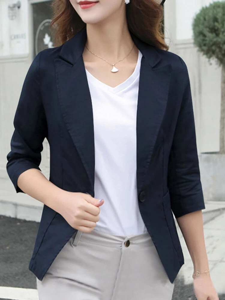 Solid Lapel Pocket Button Front 3/4 Sleeve Blazer 7 Solid Lapel Pocket Button Front 3/4 Sleeve Blazer - Image 7