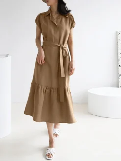 Solid Slit Pocket Lapel Short Sleeve Dress With Belt -Zanzea Shop d0b2f8e4 86d4 4060 b80b 50f5772817b6