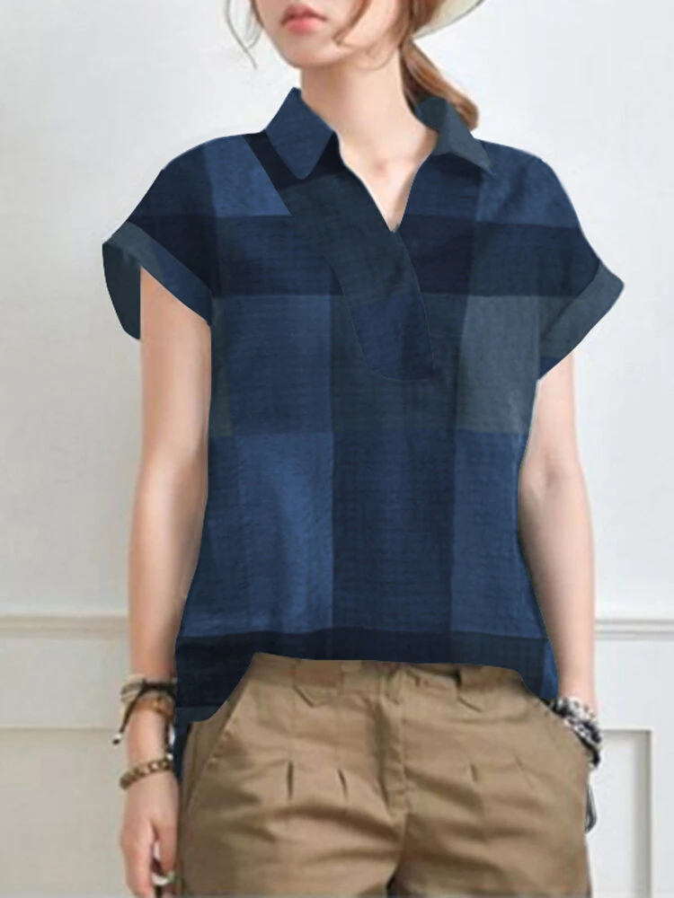 Plaid Short Sleeve Lapel Collar Blouse 4 Plaid Short Sleeve Lapel Collar Blouse - Image 4