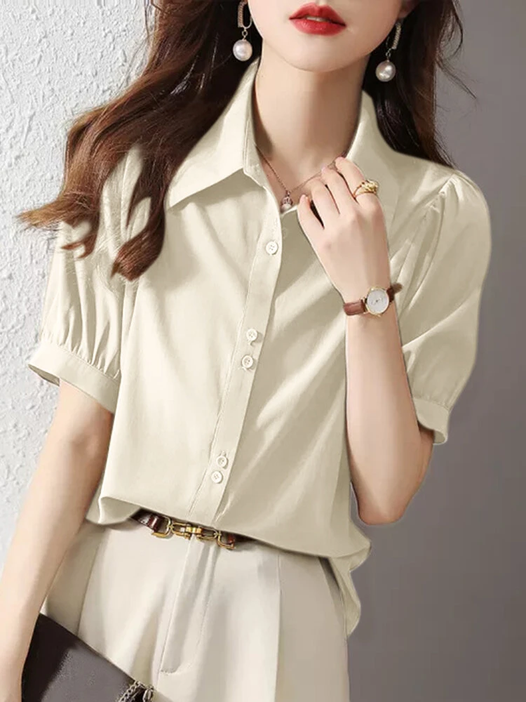 Women Solid Puff Sleeve Button Front Lapel Shirt 1 Women Solid Puff Sleeve Button Front Lapel Shirt