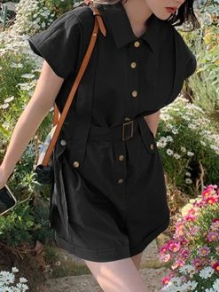 Solid Belt Button Front Pocket Short Sleeve Lapel Cargo Romper -Zanzea Shop d10d319e 1e69 4b62 86b5 a2add0c4596c