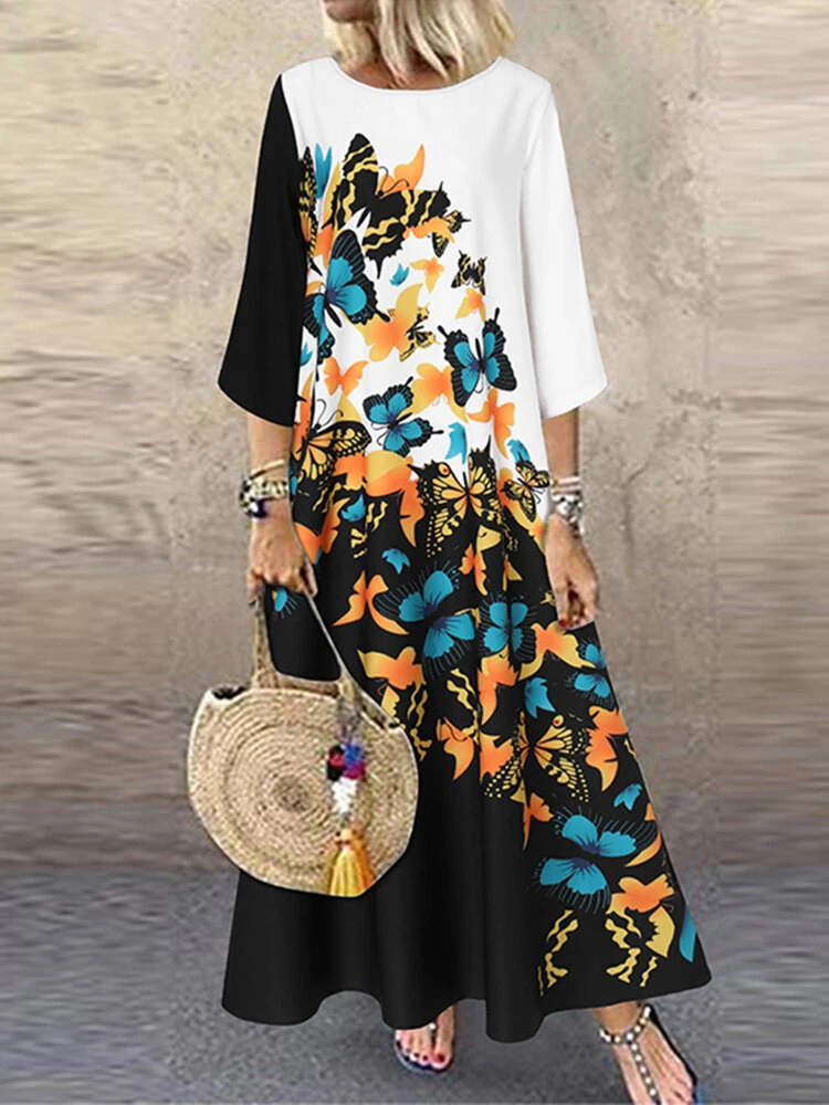 Flower Butterfly Print Crew Neck 3/4 Sleeve Maxi Dress 3 Flower Butterfly Print Crew Neck 3/4 Sleeve Maxi Dress - Image 3