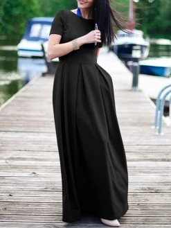 Solid Short Sleeve Pocket Crew Neck Maxi Dress -Zanzea Shop d1246f17 5bc2 4240 ae1f 21634418f914
