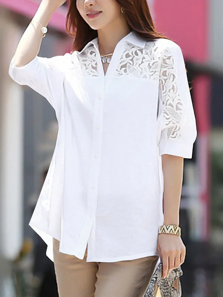 Lace Panel Solid Button Front Lapel Half Sleeve Shirt 4 Lace Panel Solid Button Front Lapel Half Sleeve Shirt - Image 4