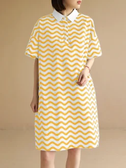 Chevron Pattern Pocket Button Lapel Short Sleeve Casual Dress