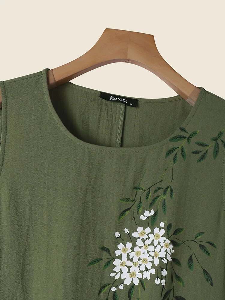 Women Floral Plant Print Crew Neck Cotton Sleeveless Dress 2 Women Floral Plant Print Crew Neck Cotton Sleeveless Dress - Image 2