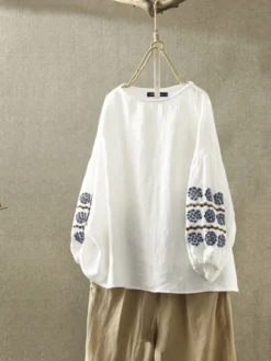 Vintage Embroidery Long Sleeve Plus Size Blouse
