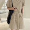 Solid Button Front Pocket Cargo Shirt Dress With Belt