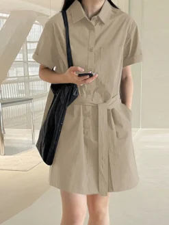 Solid Button Front Pocket Cargo Shirt Dress With Belt