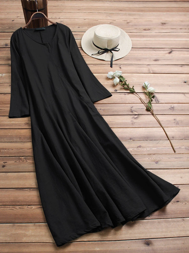 Women Vintage Cotton Tunic Baggy Long Sleeve Maxi Dress 9 Women Vintage Cotton Tunic Baggy Long Sleeve Maxi Dress - Image 9