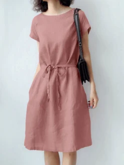 Solid Pocket Short Sleeve Crew Neck Dress With Belt -Zanzea Shop d1c02f7e ddca 427a 8d36 363761b65f03