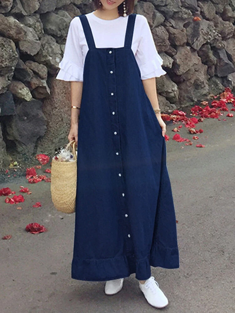 Denim Ruffle Straps Button Sleeveless Plus Size Maxi Dress 7 Denim Ruffle Straps Button Sleeveless Plus Size Maxi Dress - Image 7