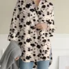 Women Allover Rose Print Lapel High-Low Hem Long Sleeve Shirt