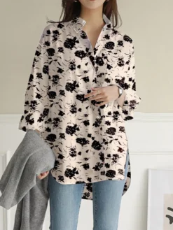 Women Allover Rose Print Lapel High-Low Hem Long Sleeve Shirt