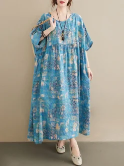 Allover Floral Print Crew Neck Loose Vintage Dress
