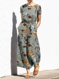 Plant Print Pocket Sash Round Neck Short Sleeve Jumpsuit