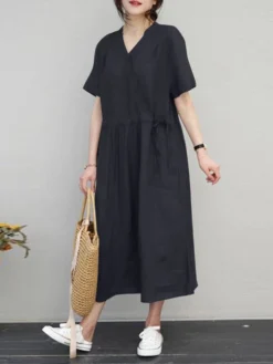 Women Solid Notched Neck Drawstring Waist Short Sleeve Dress -Zanzea Shop d23fc853 adfb 4f81 8635 cd696cc9107e